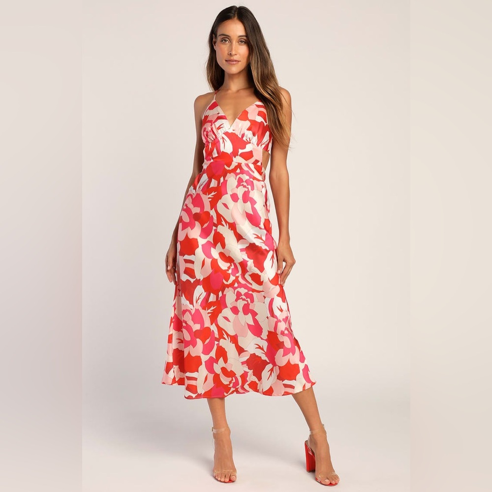 NWT Lulus spaghetti strap, open back, mid-length, patterned dress size XL